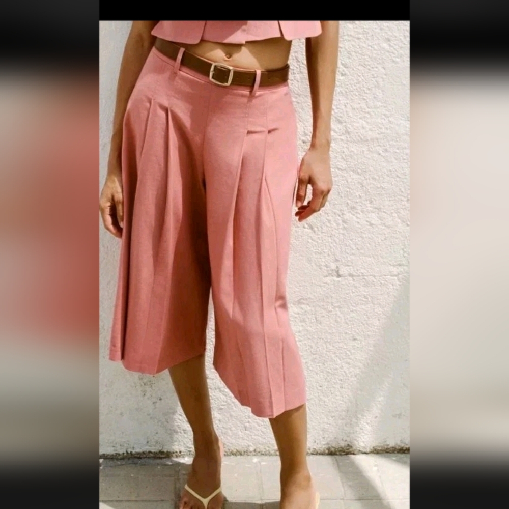 Zara Linen Belted Long Bermuda Shorts, Women Size Large, Coral Color